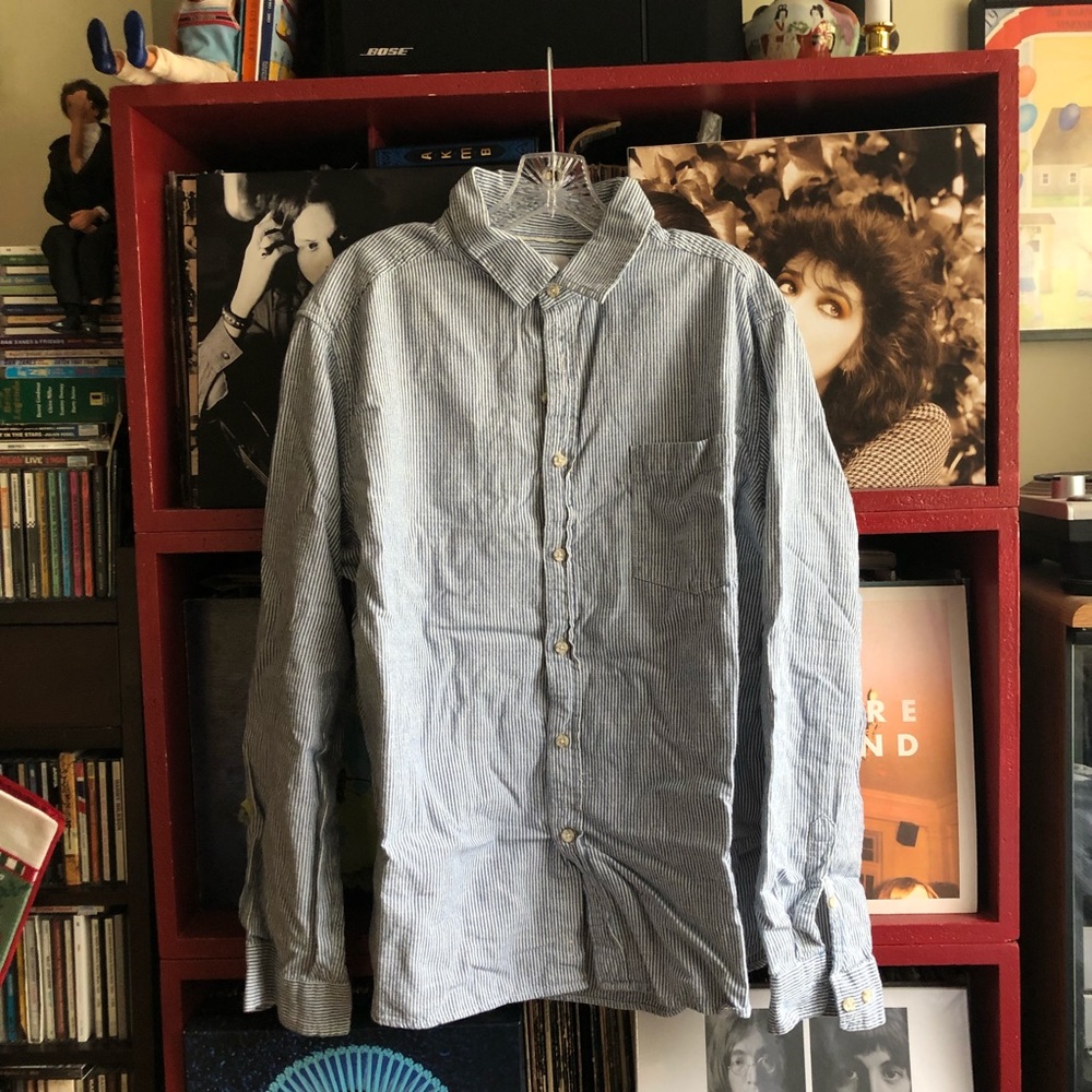 White and grey pinstriped long sleeve button down